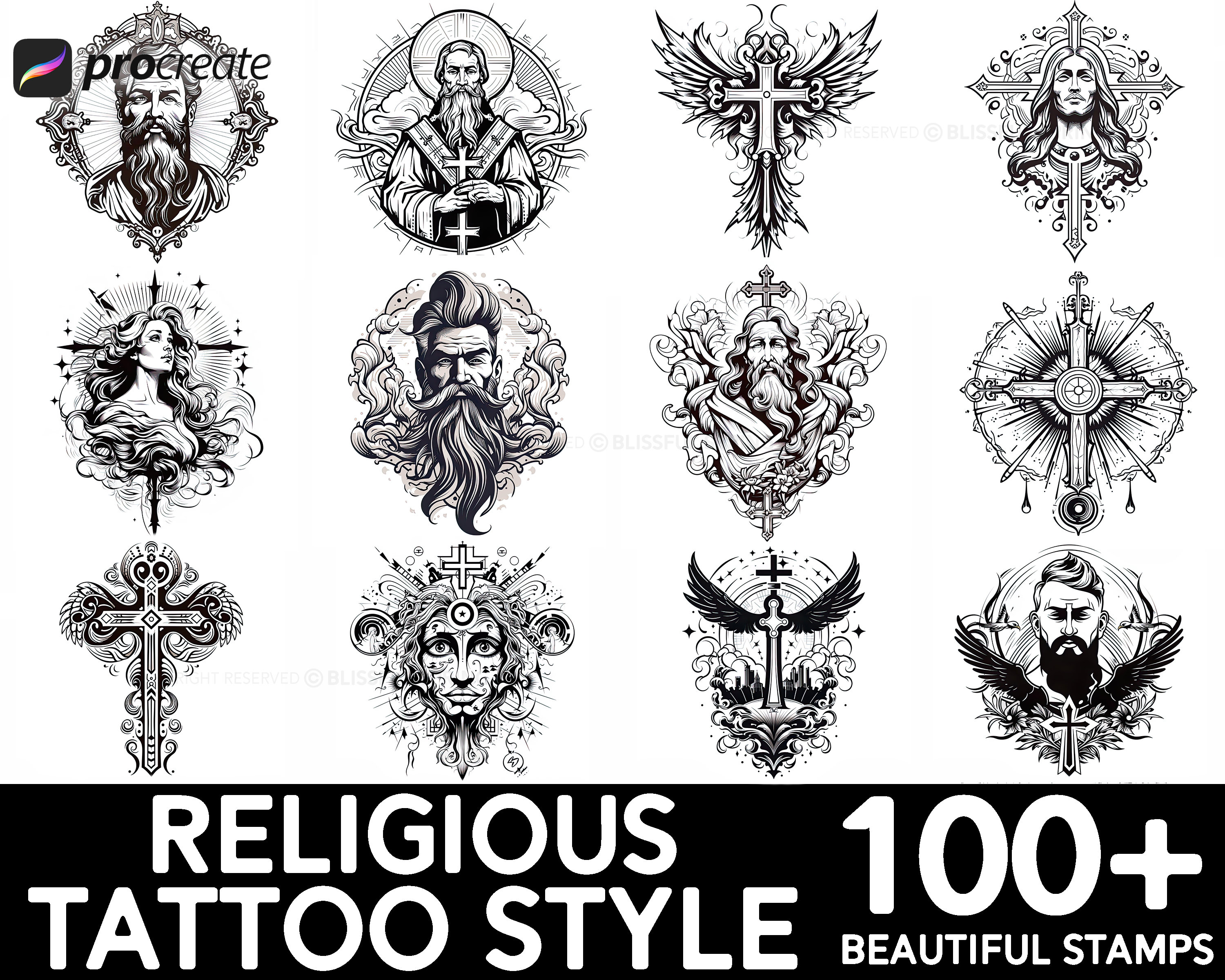 100+ Religious Tattoo Procreate Brush Set | Unique Tattoo Style Stamp ...