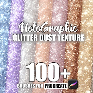 Puede incluir: Una descarga digital de más de 100 texturas de polvo de purpurina holográfico para Procreate. Las texturas son de varios colores, incluidos azul, morado, rosa, dorado y plateado.