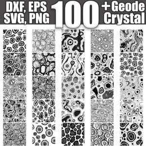 May include: A collection of 20 black and white digital seamless patterns featuring abstract geode crystal designs.  The patterns are perfect for use in crafting, scrapbooking, and digital design projects.