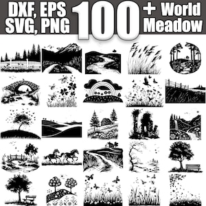 May include: A collection of 100+ black and white silhouette illustrations of meadows, featuring various elements like trees, flowers, bridges, and houses. The illustrations are perfect for crafting, scrapbooking, and digital design projects.