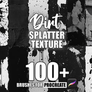 May include: Black and white digital art brushes for Procreate app.  The image shows a variety of grunge textures, including splattered paint, cracked walls, and distressed surfaces.  The text reads "Dirt Splatter Texture 100+ Brushes for Procreate".