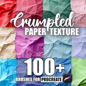 Può includere: Un collage di 10 diverse texture di carta stropicciata. Il testo "Crumpled Paper Texture 100+ Brushes for Procreate" è visualizzato sull'immagine.