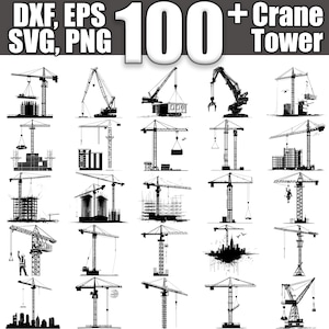 Puede incluir: Una colección de más de 100 ilustraciones en silueta de grúas de construcción en blanco y negro. Las grúas están en varias posiciones y configuraciones, algunas con plumas extendidas y otras con plumas retraídas. Las ilustraciones son simples y limpias, y serían perfectas para usar en una variedad de proyectos, como diseño de sitios web, folletos o presentaciones.
