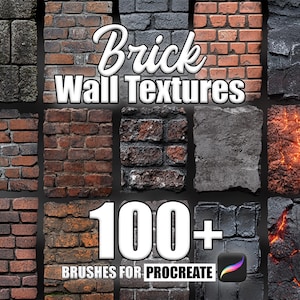 May include: A digital download of 100+ brick wall textures for Procreate. The textures are in various styles, including red brick, grey brick, and stone.