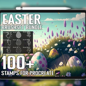 May include: A digital illustration of an iPad screen displaying a set of 100+ Easter themed stamps for Procreate. The image shows a preview of the stamps, including bunnies, eggs, and flowers. The text "EASTER BRUSHSET BUNDLE" and "100+ STAMPS FOR PROCREATE" are visible on the screen.