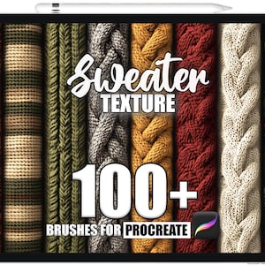 May include: A digital illustration of a tablet screen displaying a collection of 100+ sweater texture brushes for Procreate. The image features various knit patterns in different colours, including brown, green, red, white, and grey.
