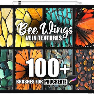 Könnte beinhalten: Ein digitales Tablet zeigt eine Sammlung farbenfroher Aderstrukturen, darunter Schmetterlingsflügel und Mosaikmuster. Der Text lautet "Bee Wings VEIN TEXTURES" und "100+ BRUSHES FOR PROCREATE."
