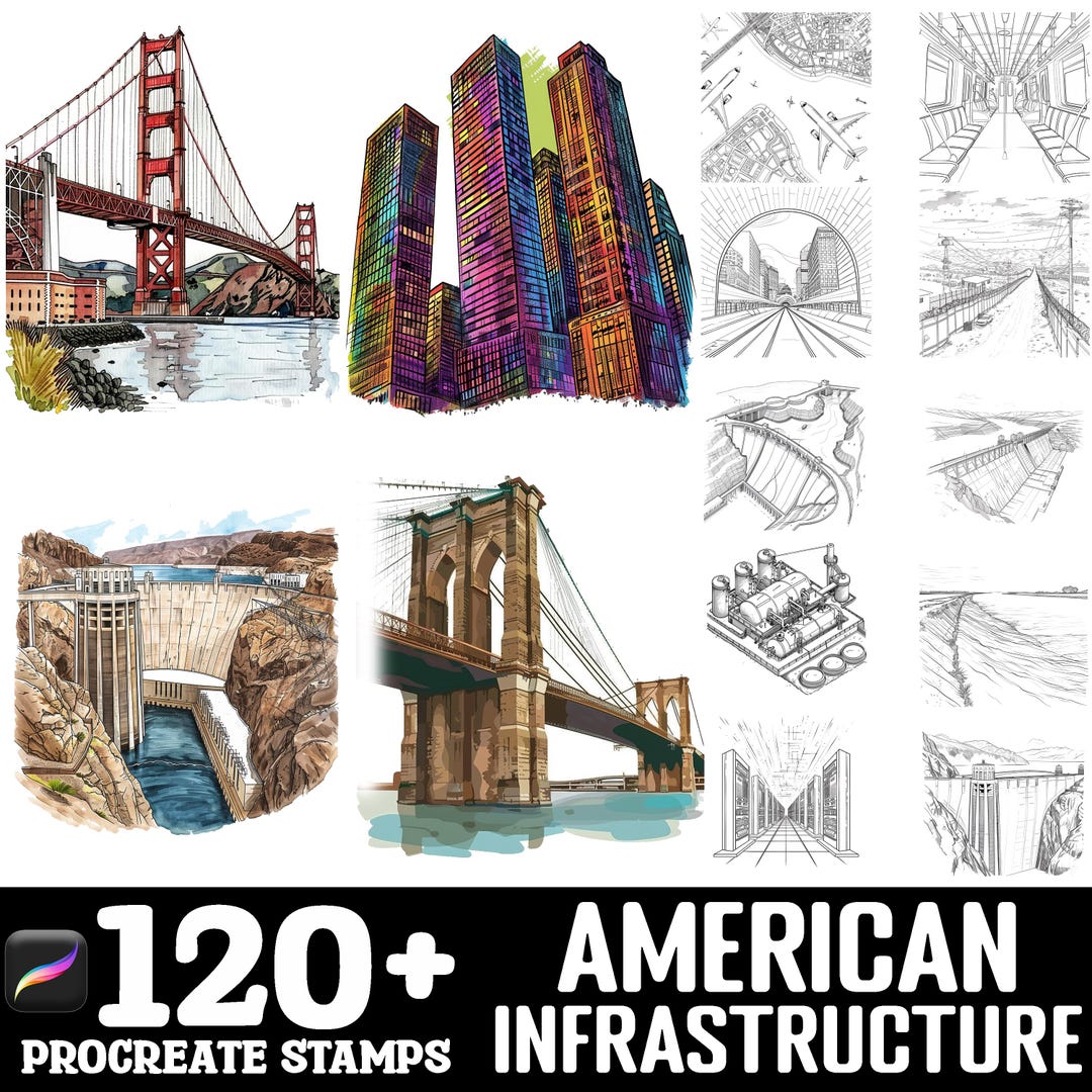 100+ American Infrastructure Procreate Brush Set | Procreate Stamp ...