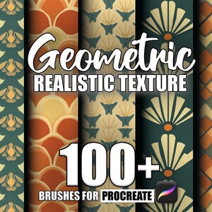 May include: A digital illustration of geometric patterns in various colors, including green, orange, and yellow. The text "Geometric Realistic Texture 100+ Brushes for Procreate" is displayed on the image.