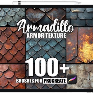 Puede incluir: Una pantalla de tableta muestra texturas de arte digital que se asemejan a la armadura de un armadillo. El texto dice "Armadillo Armor Texture" y "100+ Brushes for Procreate". La paleta de colores incluye tonos de marrón, azul y gris.