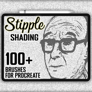 May include: A digital illustration of a man's face with glasses, created using a stipple shading technique. The image is displayed on a tablet screen with the text "Stipple Shading 100+ Brushes for Procreate" on the screen.