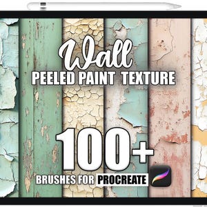 Può includere: Un'illustrazione digitale di uno schermo di tablet che mostra un set di oltre 100 pennelli Procreate per creare texture murali. I pennelli sono progettati per simulare la vernice che si stacca e le superfici consumate. Il testo "Wall Peeled Paint Texture" e "100+ Brushes for Procreate" è visualizzato sullo schermo.