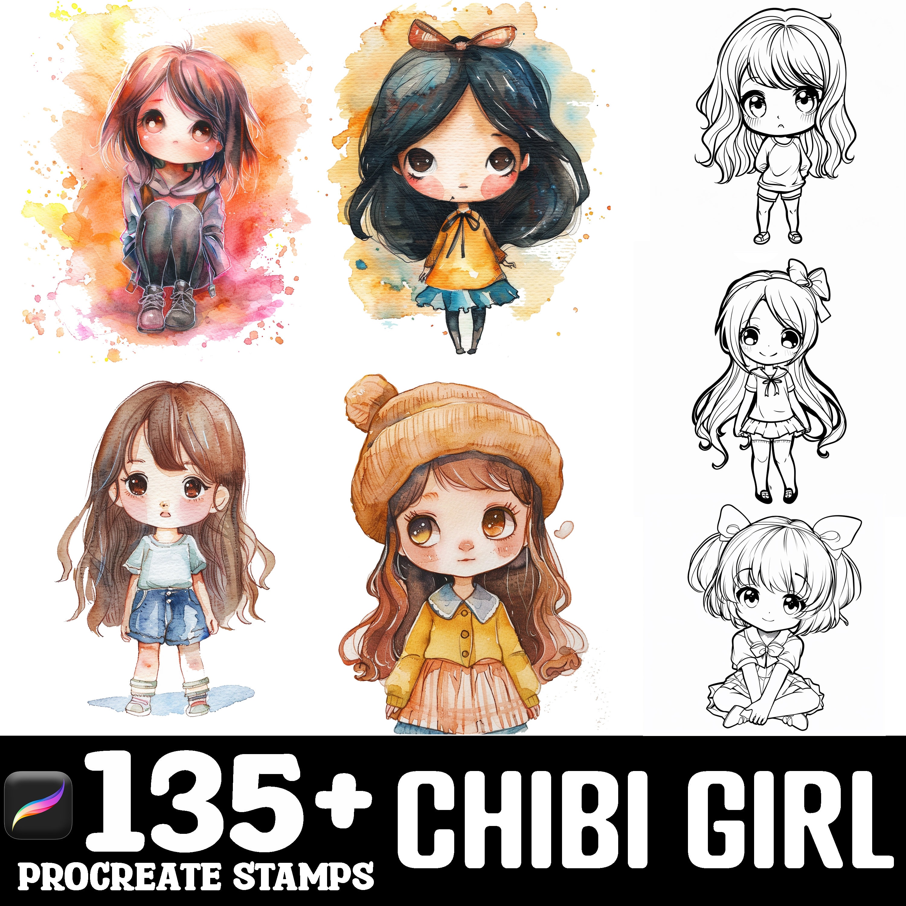 135+ Chibi Girl Procreate Brush Set | Stamps for Procreate | Instant ...