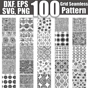 May include: A grid of 20 black and white seamless patterns featuring various geometric shapes, including circles, dots, and lines. The patterns are arranged in a 4x5 grid. The text "100 Grid Seamless Pattern" is at the top of the image.