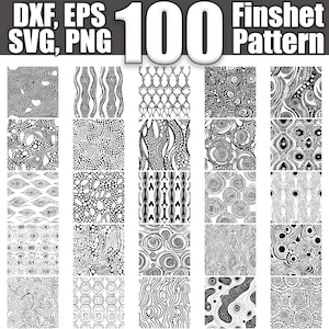 以下が含まれることがあります： 白黒のフィンシートパターン24個のセット。パターンは幾何学模様と抽象的な模様です。パターンは4行6列のグリッドに配置されています。画像の上部には「DXF, EPS, SVG, PNG 100 Finshet Pattern」というテキストがあります。
