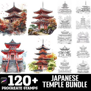 Könnte beinhalten: Ein Set mit über 120 Procreate-Stempeln mit Illustrationen japanischer Tempel. Die Stempel umfassen sowohl farbige als auch schwarz-weiße Versionen der Tempel, einige mit Herbstlaub.