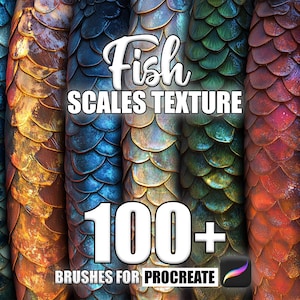 May include: A collection of 100+ digital brushes for Procreate, featuring various fish scale textures. The brushes are designed to create realistic and detailed fish scales in a variety of colors, including blue, green, red, and gold.