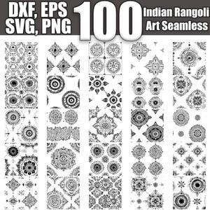 May include: A set of 100 black and white Indian Rangoli art seamless patterns. The patterns are intricate and detailed, featuring geometric shapes and floral motifs.