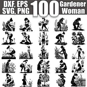 May include: A set of 25 black and white illustrations of a gardener woman tending to plants and flowers. The illustrations are in a simple, minimalist style and feature a variety of gardening activities, such as planting, weeding, watering, and harvesting.