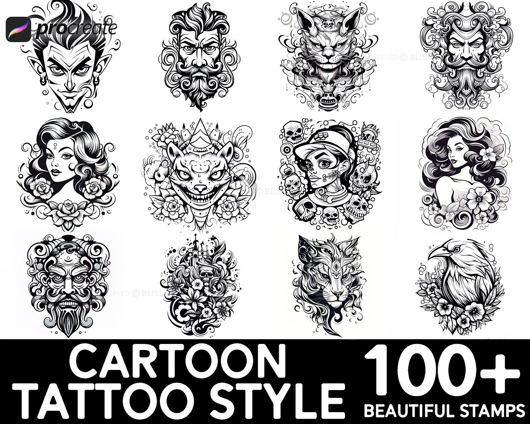 100+ Cartoon Tattoo Procreate Brush Set | Unique Tattoo Style Stamp ...