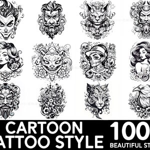 100+ Cartoon Tattoo Procreate Brush Set | Unique Tattoo Style Stamp Brushes | Instant Digital Download