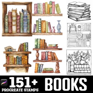 以下が含まれることがあります： Procreate 用の 151 個以上の本のスタンプのデジタルイラスト。画像には、棚に置かれた本、本の積み重ね、単独の本など、さまざまな水彩イラストが描かれています。イラストは、茶色と白のカラーパレットでヴィンテージスタイルになっています。