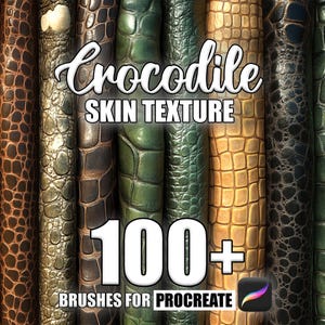 May include: Crocodile Skin Texture: 100+ Procreate Brushes. A digital art resource featuring a collection of over 100 brushes designed to mimic the look of crocodile skin. The brushes are available for use in the Procreate app.