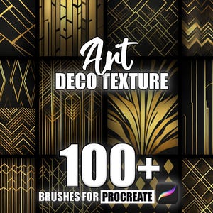May include: A digital illustration of 100+ Art Deco style brushes for Procreate. The image features a grid of 12 different geometric patterns in black and gold.