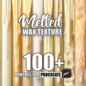 Könnte beinhalten: Eine Sammlung von über 100 digitalen Pinseln für Procreate, mit geschmolzenen Wachstexuren in verschiedenen Creme- und Beigetönen. Die Pinsel wurden entwickelt, um realistische Wachseffekte für digitale Kunst und Design zu erzeugen.