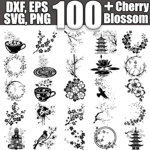 May include: A collection of 100+ black and white cherry blossom SVG, DXF, EPS, and PNG digital files. The designs include cherry blossoms, Japanese pagodas, teacups, and other floral elements.