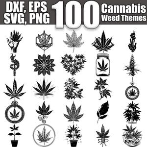 May include: A collection of 100 black and white cannabis leaf illustrations. The illustrations feature various designs, including leaves, plants, jars, and other cannabis-related imagery.  DXF, EPS, SVG, PNG.