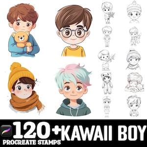 Más de 100 pinceles Kawaii Boy para Procreate / Pinceles para sellos para Procreate / Descarga digital instantánea