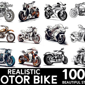May include: A collection of 100+ realistic motorcycle illustrations in black and white. The illustrations feature different styles of motorcycles, including cruisers, sport bikes, and dirt bikes.