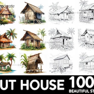 Könnte beinhalten: Ein Set mit 12 digitalen Stempeln, die Illustrationen verschiedener Hüttenhäuser zeigen. Die Stempel sind sowohl in Farbe als auch in Schwarzweiß gehalten und umfassen eine Vielzahl von Stilen und Designs. HUT HOUSE 100+ BEAUTIFUL STAMPS steht am unteren Rand des Bildes.