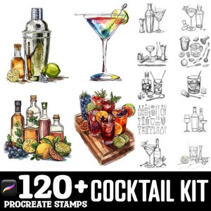 May include: A digital illustration set of 120+ cocktail stamps for Procreate. The set includes various cocktail glasses, bottles, fruits, and other cocktail-related elements.