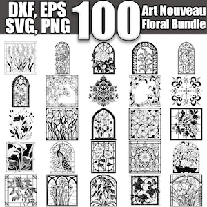 Può includere: Una collezione di 100 disegni floreali Art Nouveau in bianco e nero. I disegni sono in stile vetrate e presentano vari fiori, foglie e altri elementi botanici.