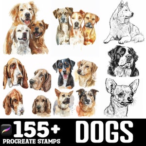 Pode incluir: Uma coleção de mais de 155 ilustrações de cães em aquarela e arte linear. As ilustrações apresentam várias raças de cães, incluindo um Bloodhound, um Golden Retriever, um Chihuahua e um Husky. As ilustrações são perfeitas para usar em arte digital, scrapbooking e outros projetos criativos.