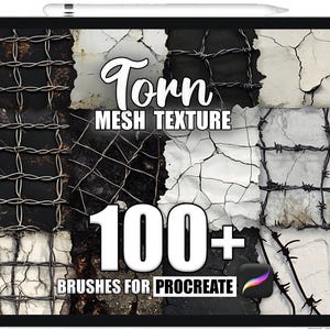 Puede incluir: Una ilustración digital de una pantalla de tableta que muestra un conjunto de más de 100 pinceles de textura de malla rasgada para Procreate. La imagen presenta una variedad de texturas, incluyendo concreto agrietado, alambre de púas y metal oxidado.