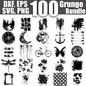 May include: A set of 100 black and white grunge style graphics. The graphics include a variety of shapes, symbols, and patterns.  The graphics are perfect for use in digital design projects, such as website design, social media graphics, and print projects.