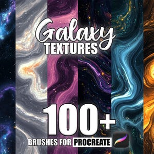 May include: A digital illustration of a galaxy with swirling colors and stars. The text "Galaxy Textures 100+ Brushes for Procreate" is displayed on the image.