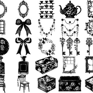 May include: A collection of black and white illustrations featuring various designs, including floral wreaths, keys, windows, teacups, perfume bottles, suitcases, bows, and frames.