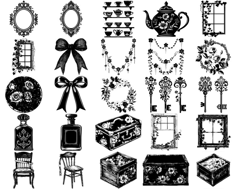 May include: A collection of black and white illustrations featuring various designs, including floral wreaths, keys, windows, teacups, perfume bottles, suitcases, bows, and frames.