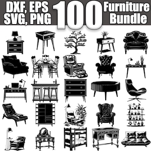 May include: A black and white illustration set of 100 furniture designs. The set includes chairs, tables, beds, couches, and other furniture items.  DXF, EPS, SVG, PNG.