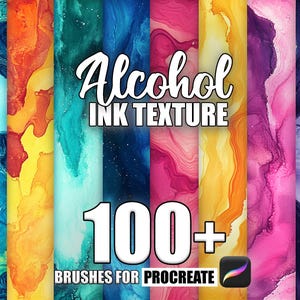 May include: A set of 100+ alcohol ink texture brushes for Procreate. The image shows a variety of colourful abstract patterns, including blue, yellow, orange, pink, purple, and green.