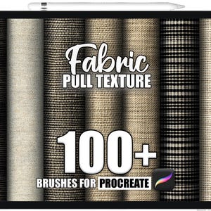 Puede incluir: Una tableta digital muestra texturas de tela con el texto "Fabric Pull Texture" y "100+ Brushes for Procreate". Las muestras de tela incluyen varios colores y patrones, incluyendo negro, beige y cuadros. Un lápiz óptico descansa en la parte superior.