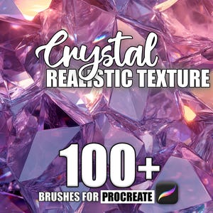 Puede incluir: Una ilustración digital de una colección de formas de cristal rosa, morado y blanco. El texto "Crystal Realistic Texture 100+ Brushes for Procreate" está superpuesto a la imagen.