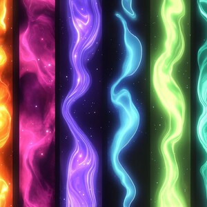 May include: Abstract digital art featuring six vertical columns of swirling, glowing, neon-colored light against a dark background with scattered white stars.