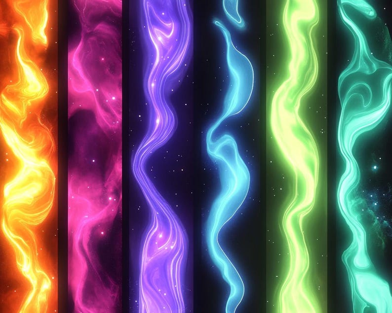 May include: Abstract digital art featuring six vertical columns of swirling, glowing, neon-colored light against a dark background with scattered white stars.