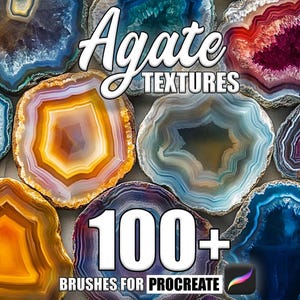 Puede incluir: Agate Textures 100+ Pinceles para Procreate. Una colección de más de 100 pinceles digitales con texturas de ágata en varios colores, incluidos azul, rojo, naranja y amarillo.