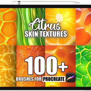 Peut inclure: Une tablette numérique affiche une collection de textures de peau d'agrumes aux couleurs variées, notamment orange, jaune et vert. Le texte "Citrus Skin Textures" et "100+ Brushes for Procreate" sont superposés à l'image, ainsi que le logo de l'application Procreate.
